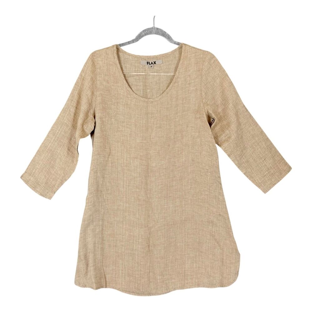Flax Tunic Blouse Womens P Beige Stripe Linen 3/4 Sleeve Lagenlook Scoop Neck